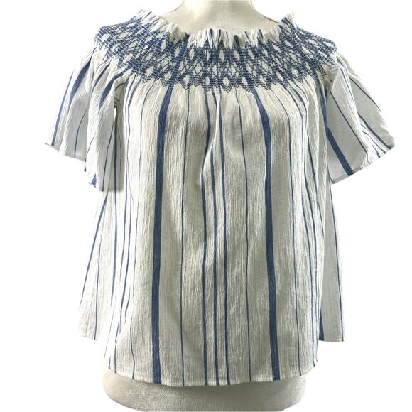 Womens Small Crop Top White Blue Stripe Boho Smock Neckline Blouse Short Sleeve - Picture 1 of 10